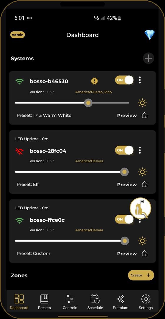 The Bosso Smart Lighting app dashboard, showing connected lighting systems with individual on-off toggles, brightness sliders and the active preset for each.