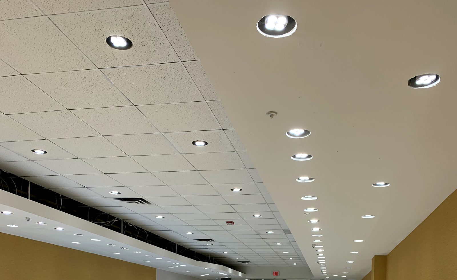 Recessed LED lighting installed along a commercial ceiling.