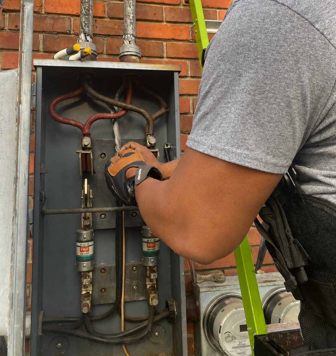 Precise Circuit Solutions technician servicing an exterior meter and fuse panel.